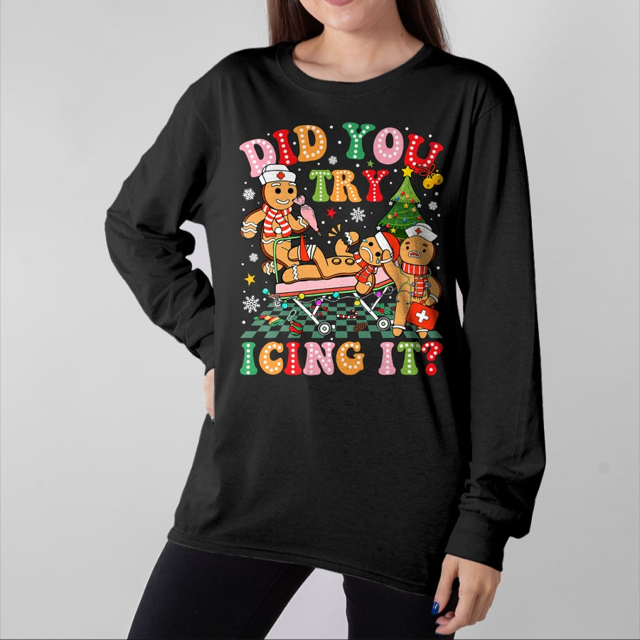 Funny Nurse Shirt, Nurse Unisex T-Shirt/Hoodie/Sweatshirt HLT00 - Retro ICU Nurse Christmas Gingerbread Did You Try Icing It T-Shirt (1)