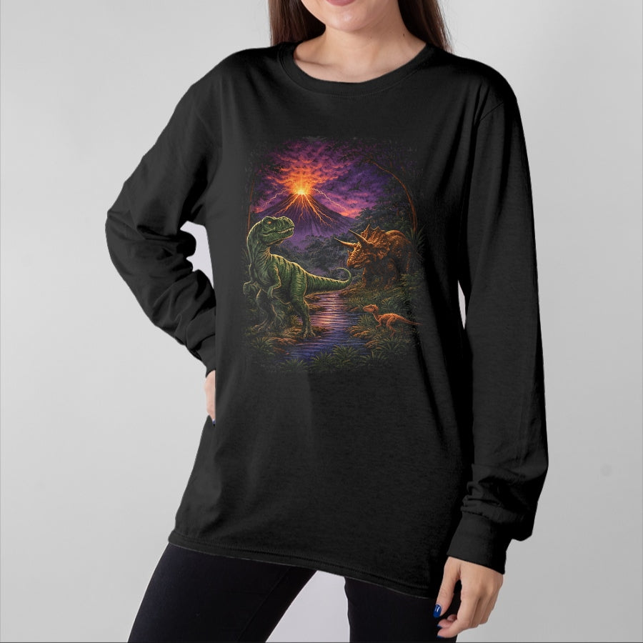 Best Dinosaur Lover Shirt, Funny Dinosaur UnisexT-Shirt/Hoodie/Sweatshirt HLT00 - Vintage Dinosaur 90s T Rex and Triceratops Volcano Nature T-Shirt, Men, Black, 3X-Large