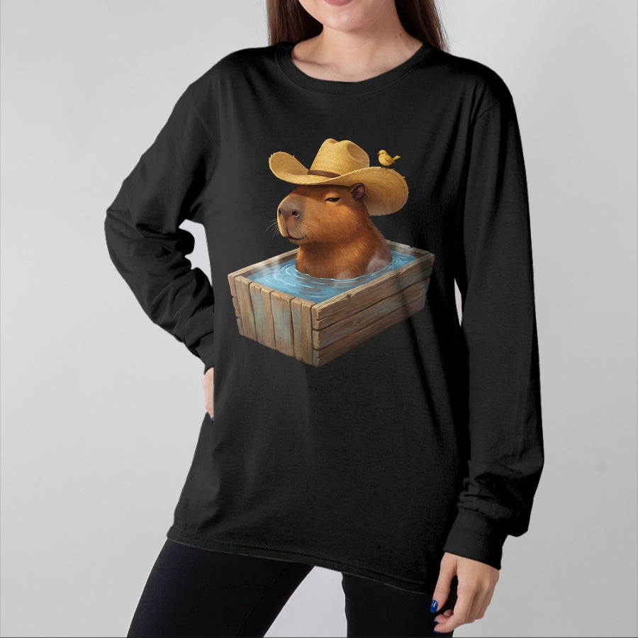 Cute Capybara Shirt, Funny Capybara Unisex T-Shirt/Hoodie/Sweatshirt HLT00 - Cute Capybara Wearing Cowboy Hat in Bathtub Funny Western T-Shirt