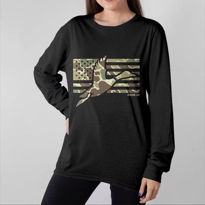 Funny Hunting Shirt, Gift For Hunting Lover Unisex T-Shirt/Hoodie/Sweatshirt HLT00 - Camo Patriotic Mallard Duck Camouflage Flying Duck Hunting T-Shirt