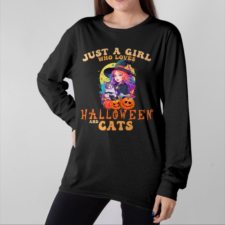 Cat Love Shirt, Funny Cat Lover Gift UnisexT-Shirt/Hoodie/Sweatshirt HLT00 - Just A Girl Who Loves Halloween and Cats Spooky Fall Pumpkin T-Shirt