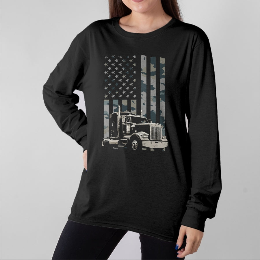 Best Truck Driver Life Shirt, Funny Trucker UnisexT-Shirt/Hoodie/Sweatshirt HLT00 - Trucker American Flag Trucking (Design on Back) Long Sleeve T-Shirt