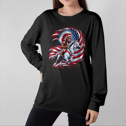 Native American T-Shirts, Vintage Native American Unisex T-Shirt/Hoodie/Sweatshirt HLT00 - Native American Day Flag usa Indian Riding Horse