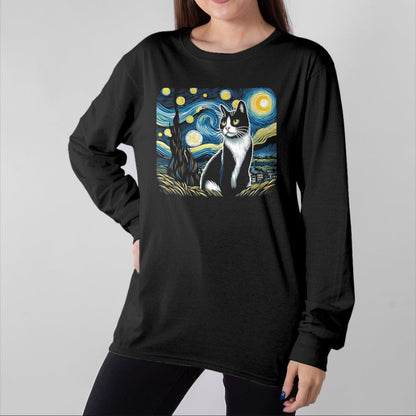 Cat Love Shirt, Funny Cat Lover Gift UnisexT-Shirt/Hoodie/Sweatshirt HLT00 - Tuxedo Cat Starry Night Painting Tuxedo Cat Owner T-Shirt, Men, Black, 3X-Large