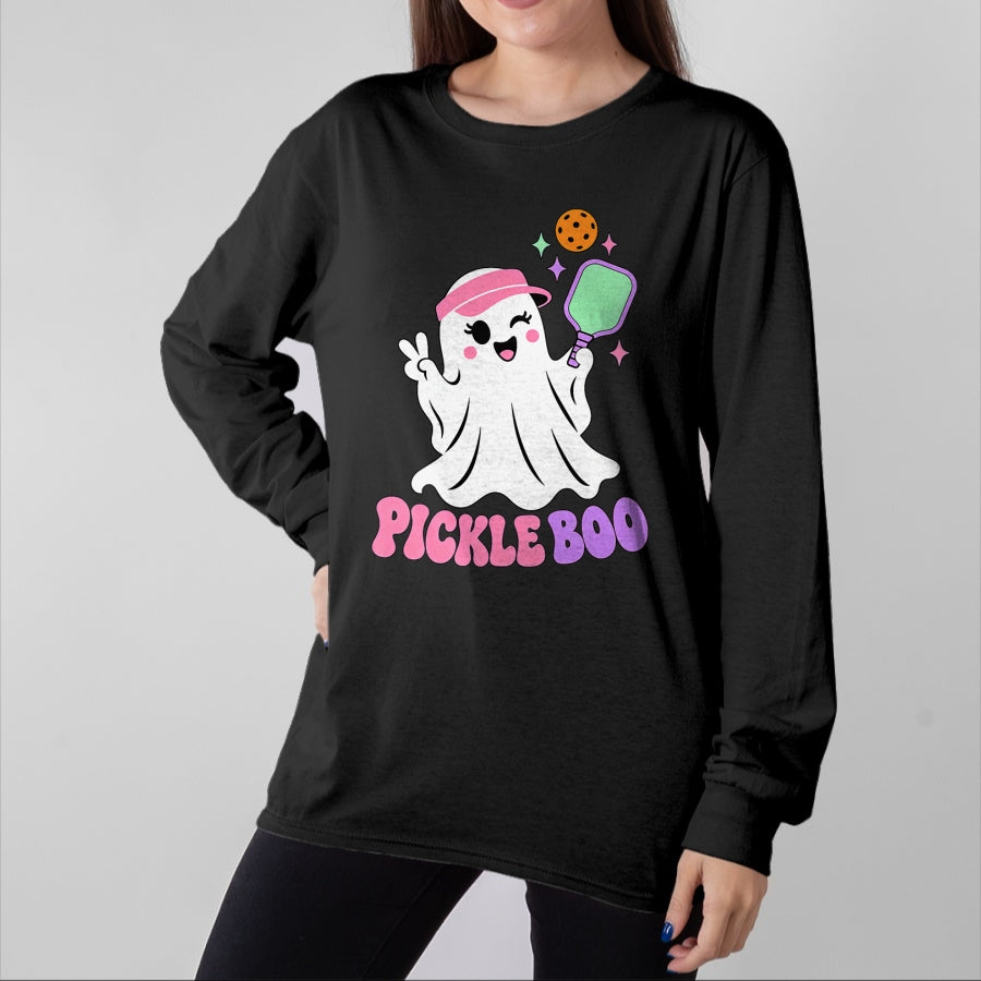 Funny Pickleball Shirt, Pickleball Lover Unisex T-Shirt/Hoodie/Sweatshirt HLT00 - Halloween Pickleball Ghost Girls Women Pickleball Halloween T-Shirt