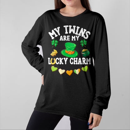 Gift for Mom Shirt, Funny Mom Unisex T-Shirt/Hoodie/Sweatshirt HLT00 - My Twins Are My Lucky Charm St Patricks Day Twin Mom and Dad T-Shirt