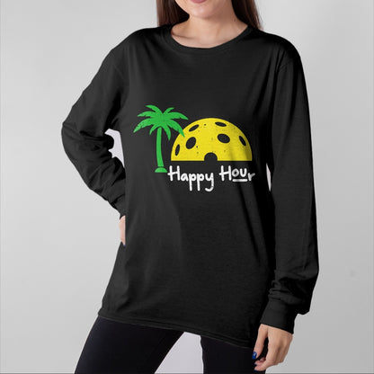 Funny Pickleball Shirt, Pickleball Lover Unisex T-Shirt/Hoodie/Sweatshirt HLT00 - Pickle Ball Happy Hour Palm Tree Pickleball Men Women Kids T-Shirt