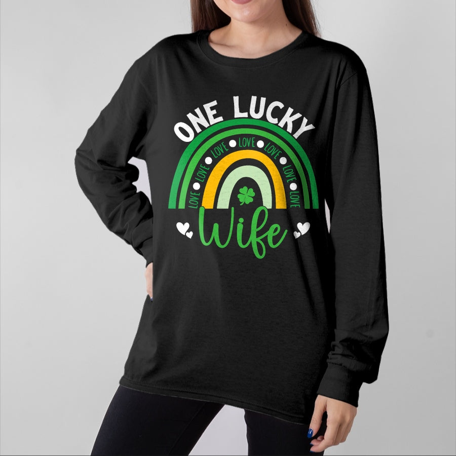 Best Wife Shirt, Wife and Husband Unisex T-Shirt/Hoodie/Sweatshirt HLT00 - Gift for wife T shirt, lucky wife   Womens One Lucky Wife Boho Rainbow Irish Saint Patrick's Day Tan (1)