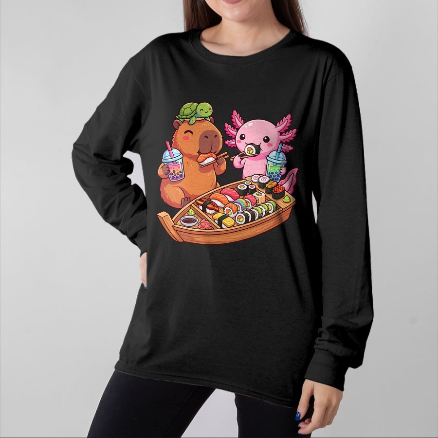Cute Capybara Shirt, Funny Capybara Unisex T-Shirt/Hoodie/Sweatshirt HLT00 - Kawaii Capybara Axolotl Sushi Nigiri Chopsticks Anime Food T-Shirt