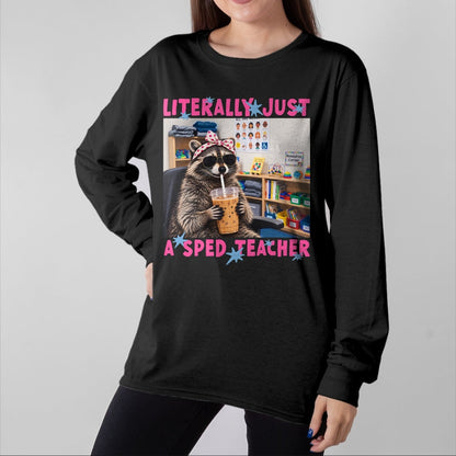 Best Teacher Shirt, Funny Teacher UnisexT-Shirt/Hoodie/Sweatshirt HLT00 - Literally Just A Sped Teacher Raccoon T-Shirt (1)