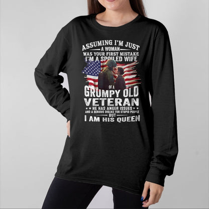 Best Wife Shirt, Wife and Husband Unisex T-Shirt/Hoodie/Sweatshirt HLT00 - Gift for wife T shirt, spoiled wife   Womens I'm A Spoiled Wife Of A Grumpy Old Veteran (On Back) V-