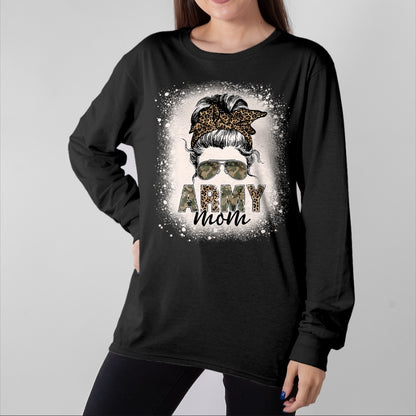 Gift for Mom Shirt, Funny Mom Unisex T-Shirt/Hoodie/Sweatshirt HLT00 - Proud Army Mom Women Leopard Camo Messy Bun Bleached T-Shirt