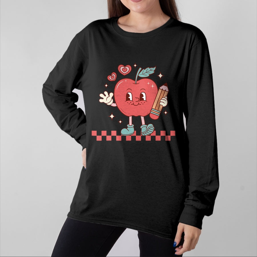 Best Teacher Shirt, Funny Teacher UnisexT-Shirt/Hoodie/Sweatshirt HLT00 - Cute Retro Checkered Apple with Face Teacher Pencil Trendy T-Shirt