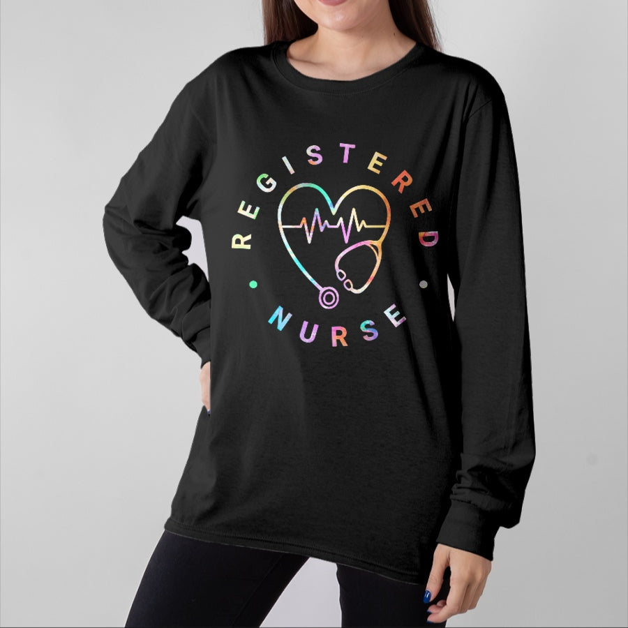 Funny Nurse Shirt, Nurse Unisex T-Shirt/Hoodie/Sweatshirt HLT00 - Registered Nurse Heart Beat Tie Dye Long Sleeve RN Nursing T-Shirt