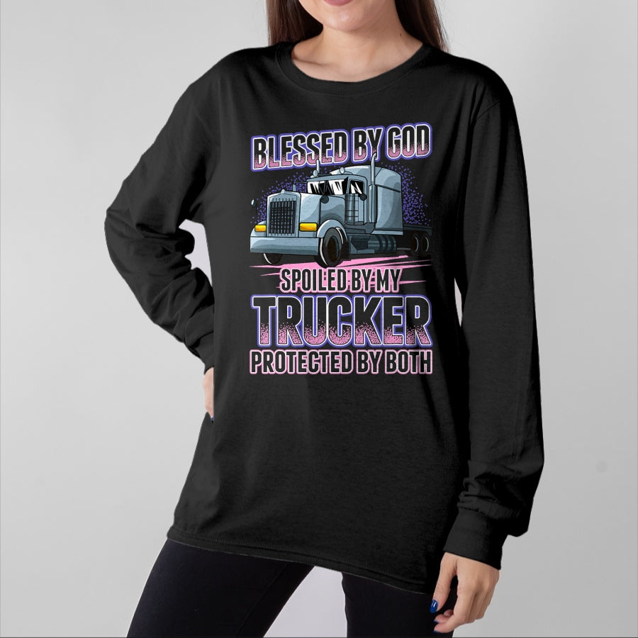 Best Wife Shirt, Wife and Husband Unisex T-Shirt/Hoodie/Sweatshirt HLT00 - Gift for wife T shirt, spoiled wife   Blessed by God Spoiled by my Trucker Funny Trucker Wife T-Shir (1)