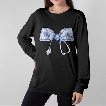 Funny Nurse Shirt, Nurse Unisex T-Shirt/Hoodie/Sweatshirt HLT00 - Floral Cute Blue Coquette Bow Stethoscope Registered Nurse T-Shirt