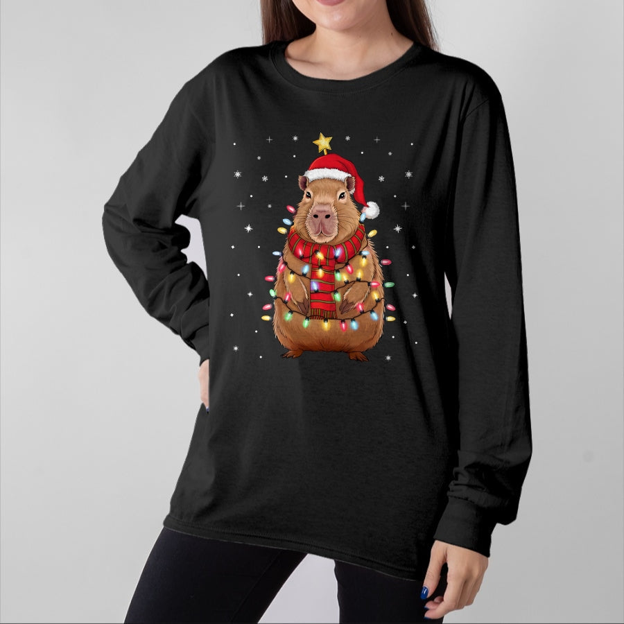Cute Capybara Shirt, Funny Capybara Unisex T-Shirt/Hoodie/Sweatshirt HLT00 - Christmas Capybara with Santa Hat Xmas Lights Tree T-Shirt