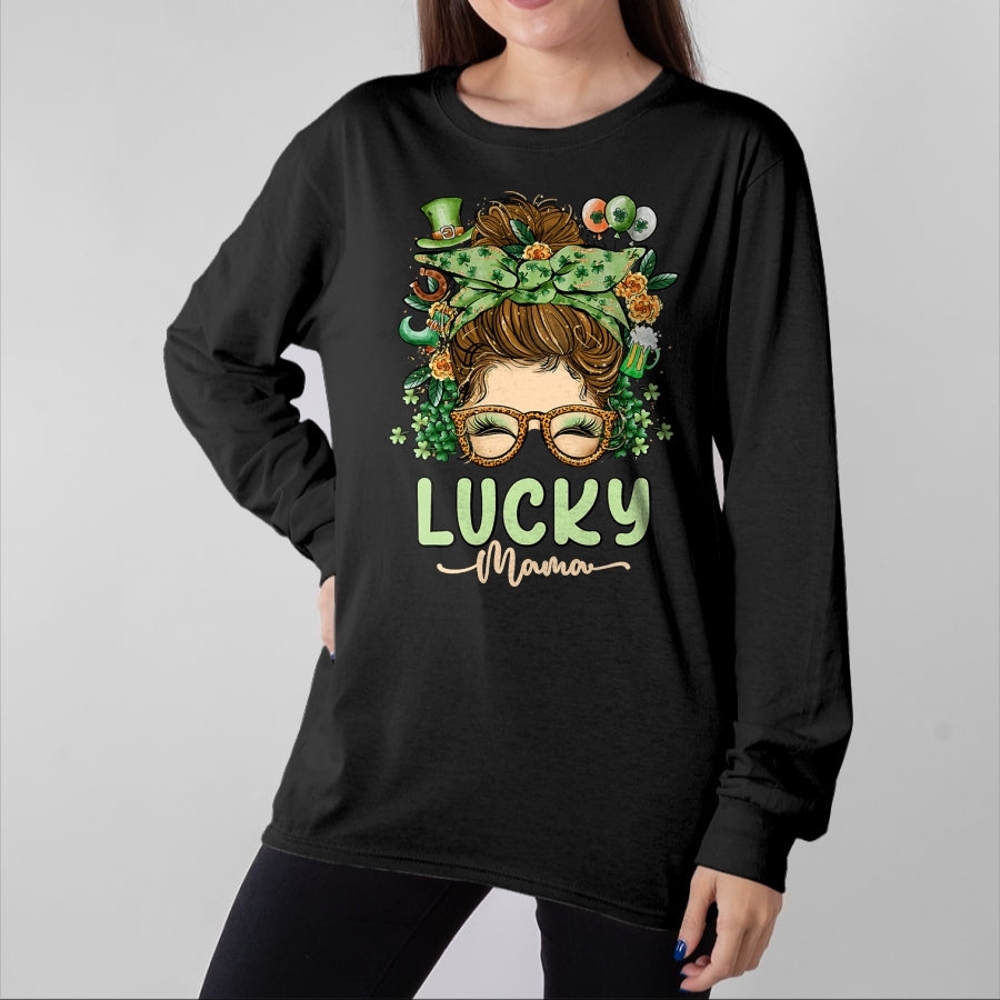 Gift for Mom Shirt, Funny Mom Unisex T-Shirt/Hoodie/Sweatshirt HLT00 - Lucky Mama St Patricks & Mothers Day Mom Messy Bun Irish T-Shirt