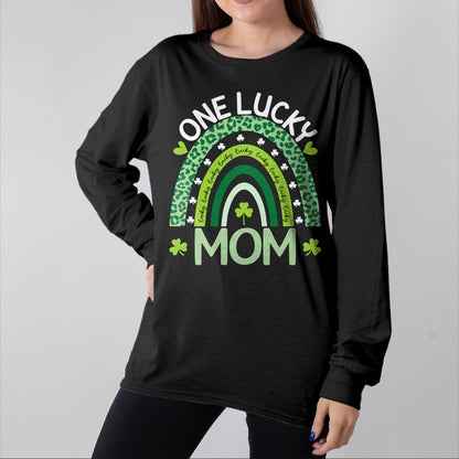Gift for Mom Shirt, Funny Mom Unisex T-Shirt/Hoodie/Sweatshirt HLT00 - One Lucky Mom Leopard Rainbow St Patricks Day Clover Long Sleeve T-Shirt