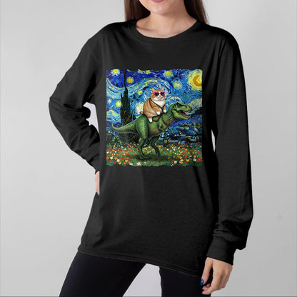 Cat Love Shirt, Funny Cat Lover Gift UnisexT-Shirt/Hoodie/Sweatshirt HLT00 - Cat Riding Dinosaur T-Rex Starry Night Van Gogh Cat Lover T-Shirt