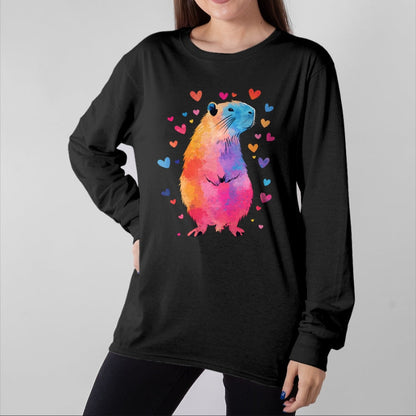 Cute Capybara Shirt, Funny Capybara Unisex T-Shirt/Hoodie/Sweatshirt HLT00 - Colorful Capybara Hearts Long Sleeve T-Shirt