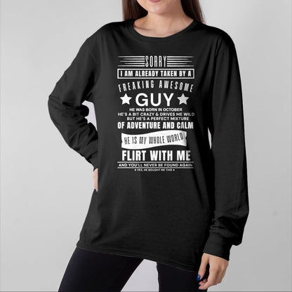 Best Wife Shirt, Wife and Husband Unisex T-Shirt/Hoodie/Sweatshirt HLT00 - Sorry I Am Already Taken By A Freaking Awesome Guy October T-Shirt (3)