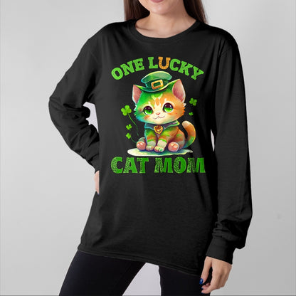 Gift for Mom Shirt, Funny Mom Unisex T-Shirt/Hoodie/Sweatshirt HLT00 - One Lucky Cat Mom St Patrick's Day Irish Lucky Cat Shamrock T-Shirt