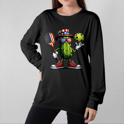 Funny Pickleball Shirt, Pickleball Lover Unisex T-Shirt/Hoodie/Sweatshirt HLT00 - 4th of July Patriotic Pickle Playing pickleball Paddle T-Shirt