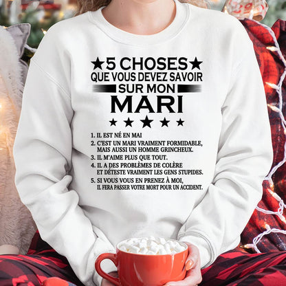 MAI - 5 CHOSES QUE VOUS DEVEZ SAVOIR SUR MON MARI - T-SHIRT CADEAU DU MARI - FR/NINA05 (SKU2605-257-05)
