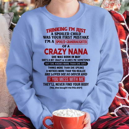 SPOILED GRANDDAUGHTER OF A CRAZY NANA T-SHIRT May Edition – From grandma to granddaughter - NINA05 (SKU07-129-05)