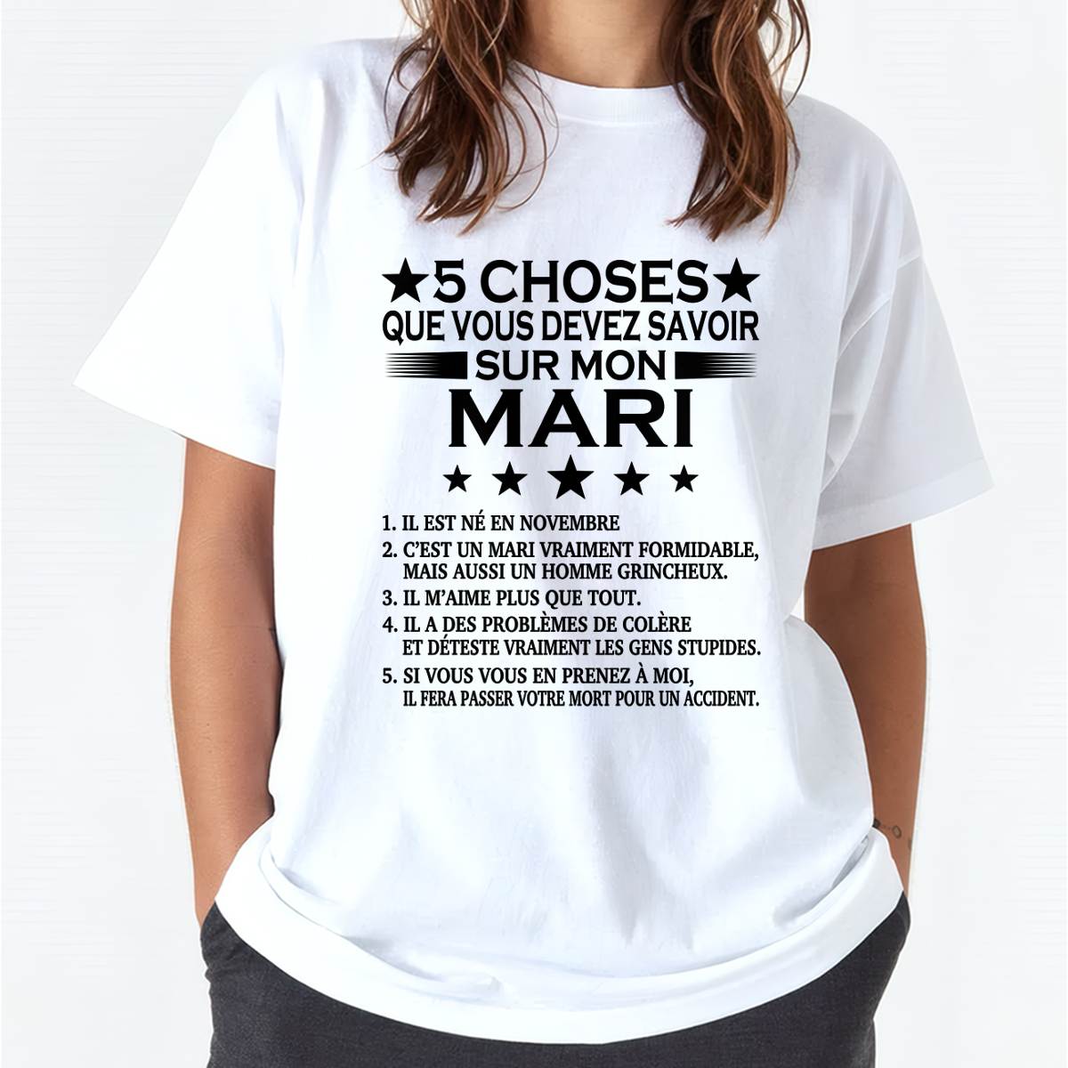 NOVEMBRE - 5 CHOSES QUE VOUS DEVEZ SAVOIR SUR MON MARI - T-SHIRT CADEAU DU MARI - FR/NINA11 (SKU2605-257-11)
