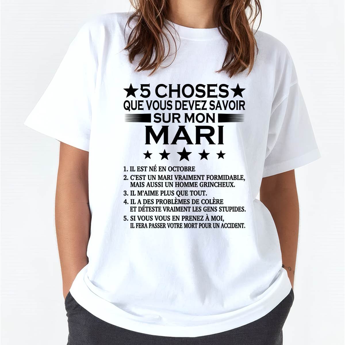 OCTOBRE - 5 CHOSES QUE VOUS DEVEZ SAVOIR SUR MON MARI - T-SHIRT CADEAU DU MARI - FR/NINA10 (SKU2605-257-10)