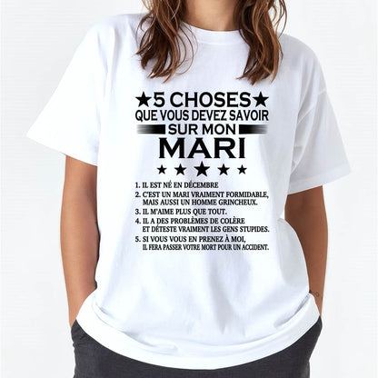 DÉCEMBRE - 5 CHOSES QUE VOUS DEVEZ SAVOIR SUR MON MARI - T-SHIRT CADEAU DU MARI - FR/NINA12 (SKU2605-257-12)
