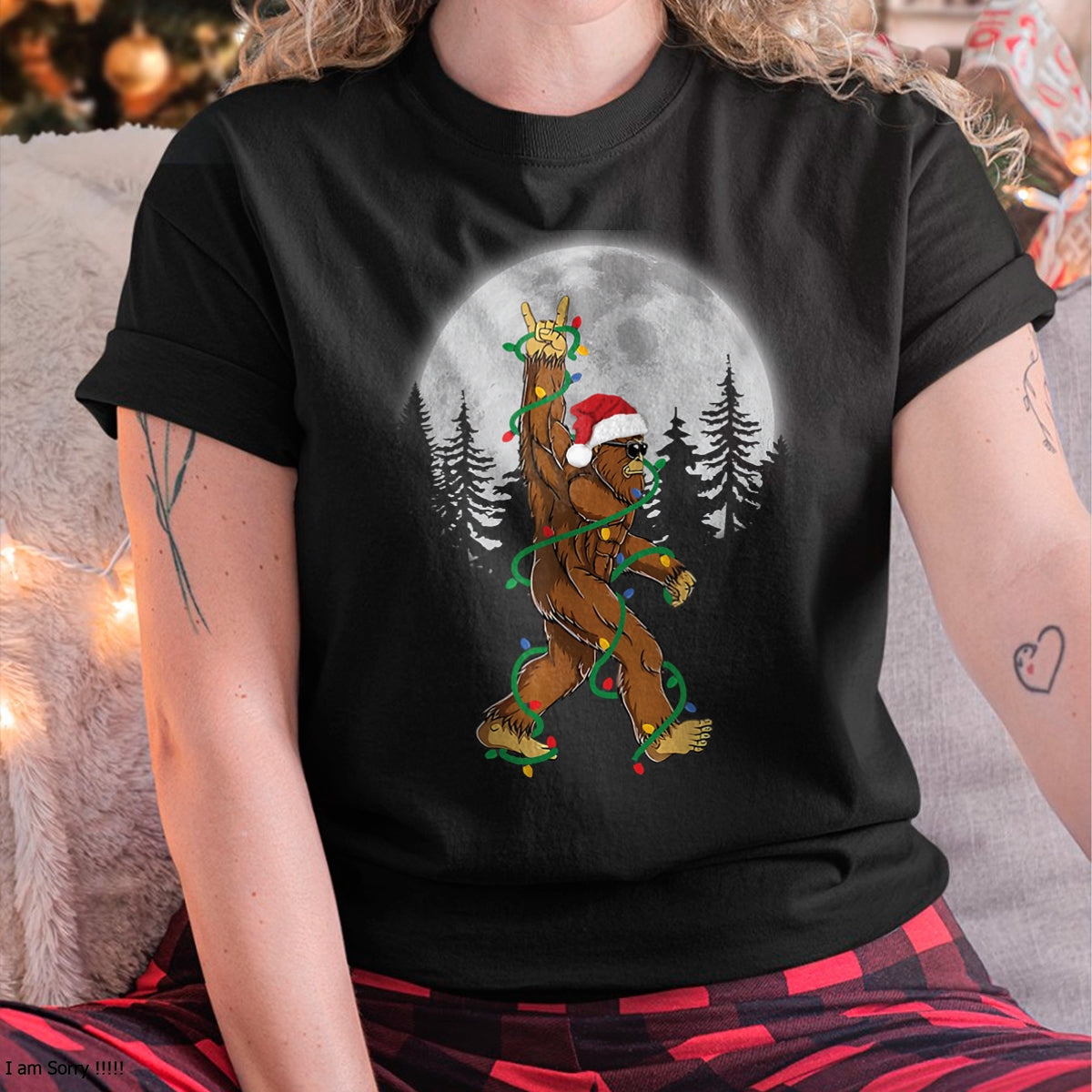 Christmas Shirts for Family, Funny christmas shirts, Christmas Unisex T-Shirt/Hoodie/Sweatshirt HLT00 - Bigfoot Santa Christmas Tree Lights Funny Xmas Sasquatch Long Sleeve T-Shirt