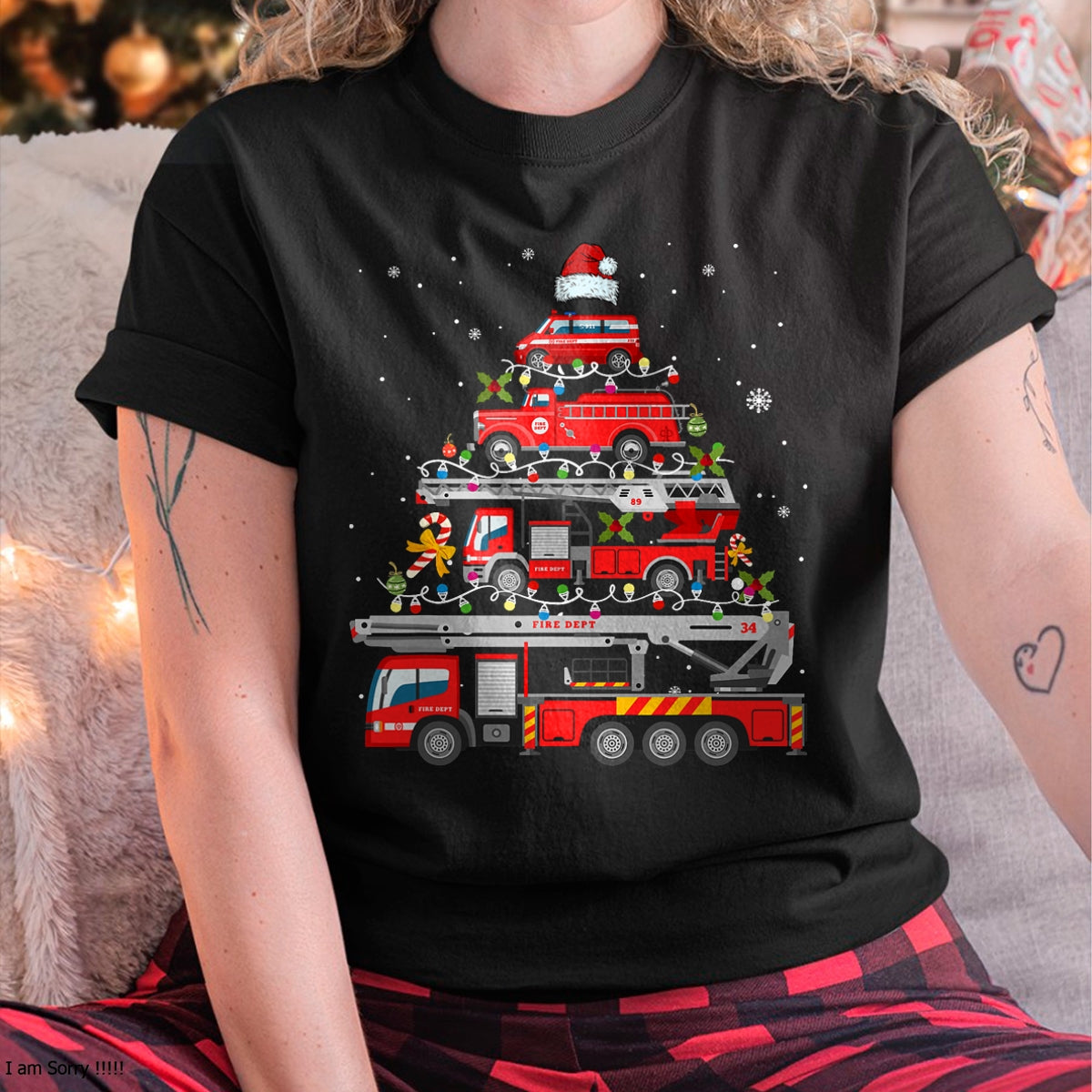 Firefighter Fire Truck Christmas Tree Lights Santa Fireman T-Shirt - Christmas Unisex T-Shirt/Hoodie/Sweatshirt - NINA00
