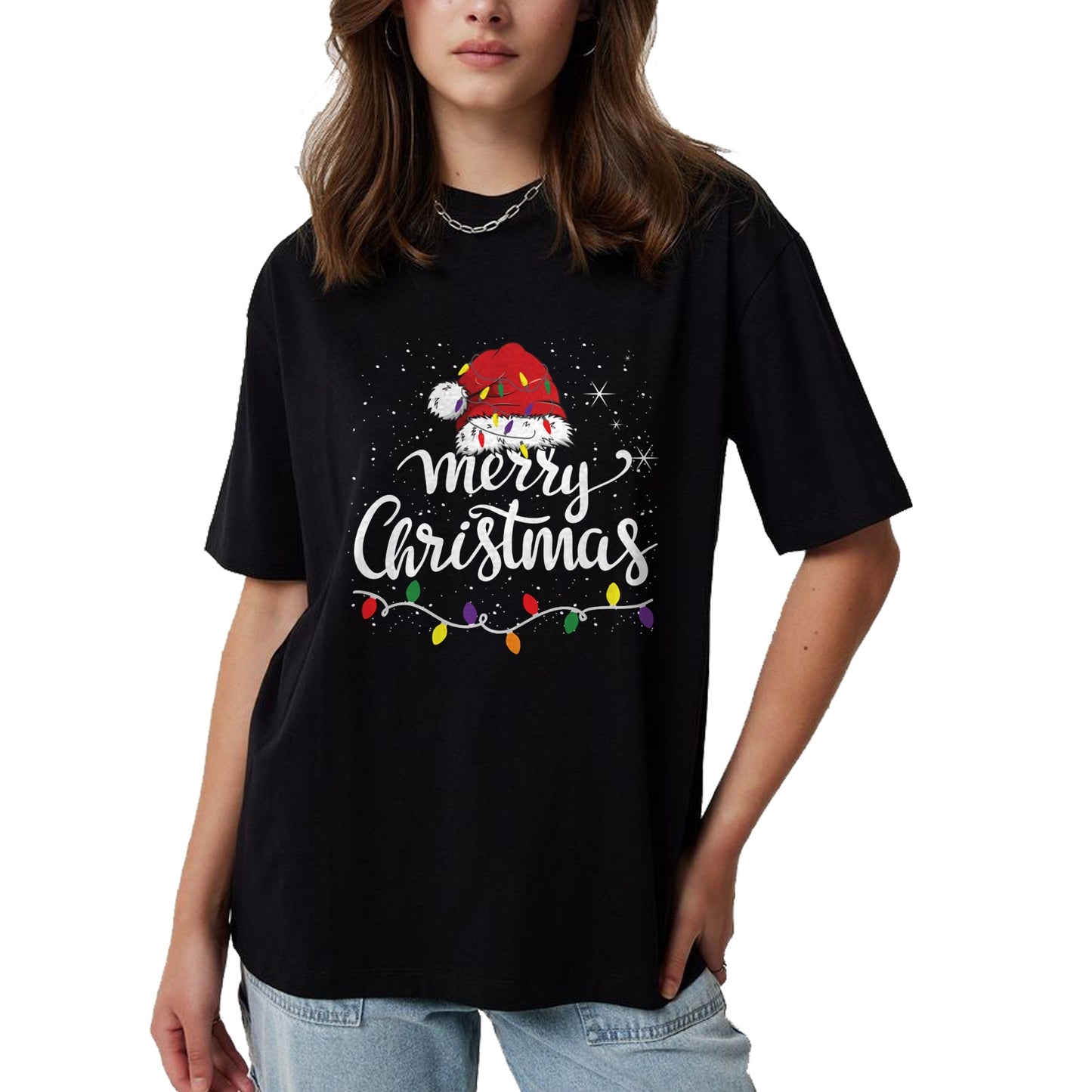 Merry Christmas Lights Red Santa Hat Xmas Family Men Women Pullover - Christmas Unisex T-Shirt/Hoodie/Sweatshirt - NINA00