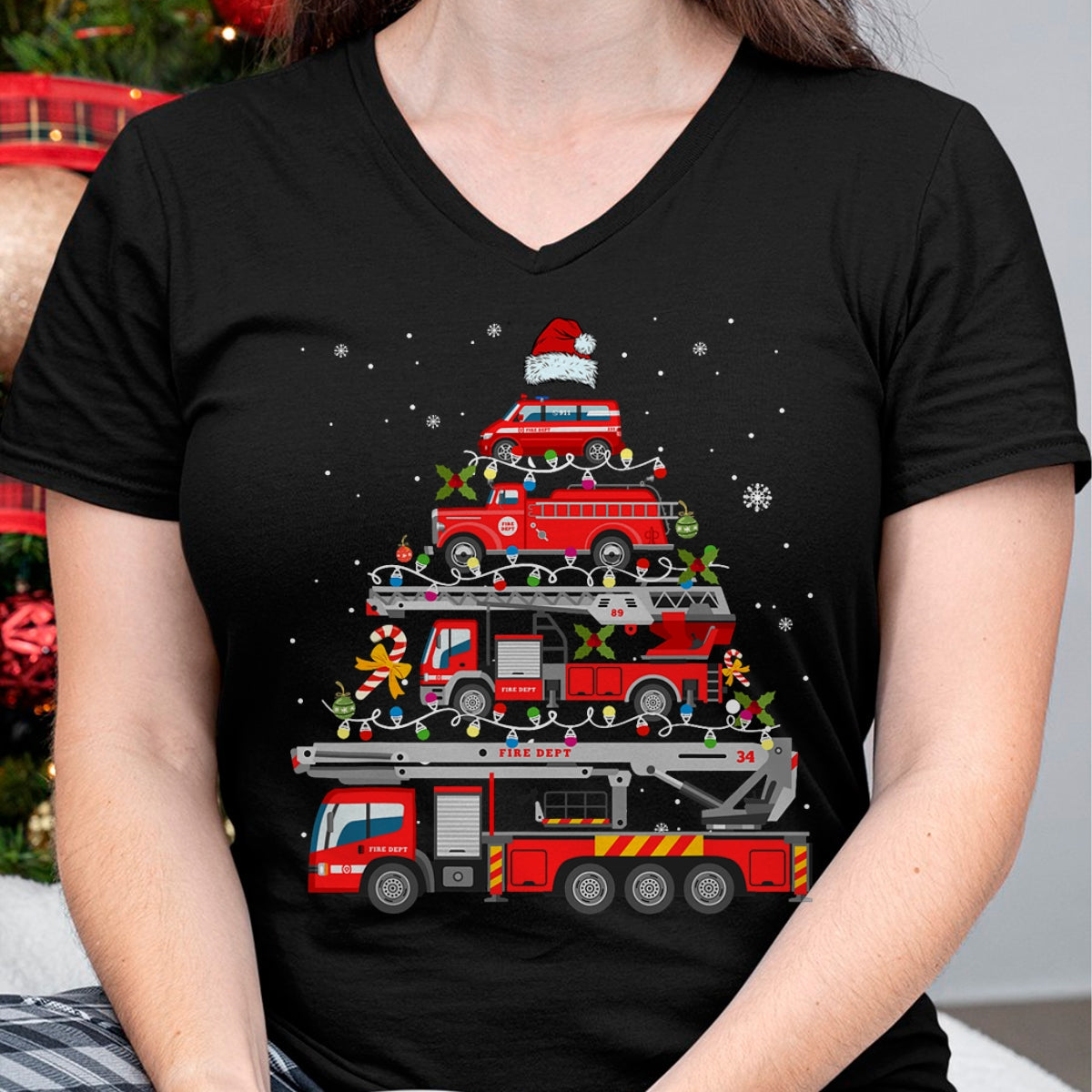 Firefighter Fire Truck Christmas Tree Lights Santa Fireman T-Shirt - Christmas Unisex T-Shirt/Hoodie/Sweatshirt - NINA00