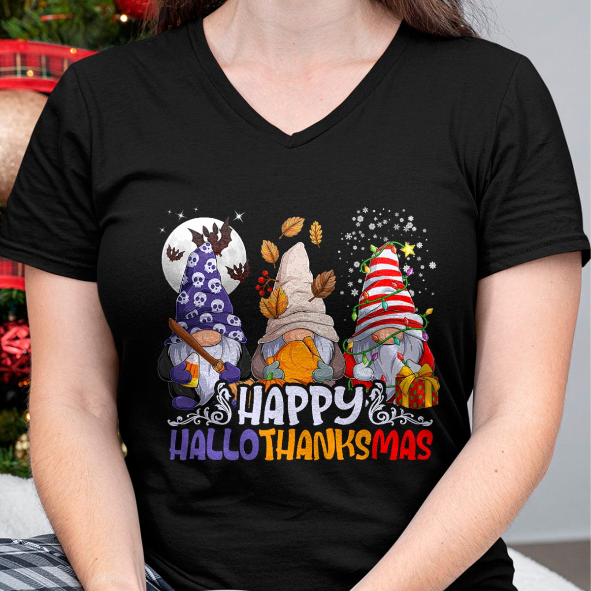 HalloThanksMas Gnomes Halloween Thanksgiving Christmas Happy T-Shirt - Christmas Unisex T-Shirt/Hoodie/Sweatshirt - NINA00