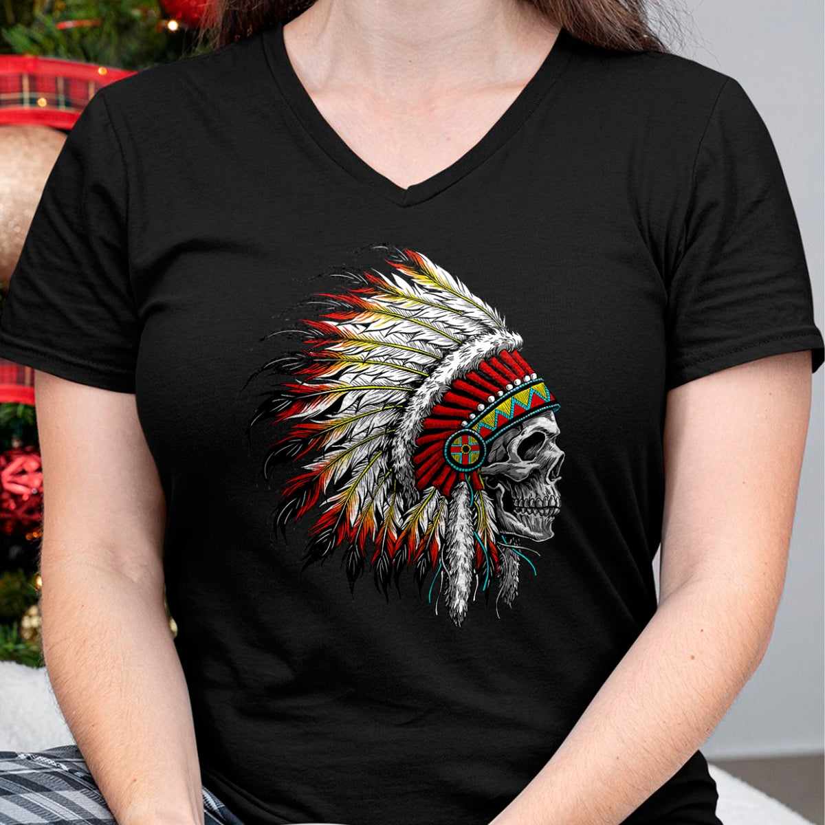 Native American T-Shirts, Vintage Native American Unisex T-Shirt/Hoodie/Sweatshirt HLT00 - Native American Indian Chief Skull Motorcycle Headdress T-Shirt (1)