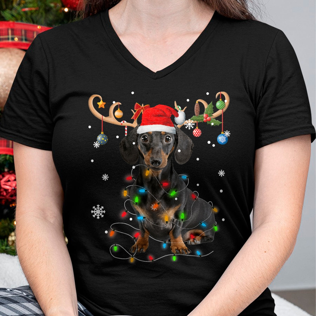 Funny Dachshund Christmas Reindeer Christmas Lights Pajama T-Shirt - Christmas Unisex T-Shirt/Hoodie/Sweatshirt - NINA00