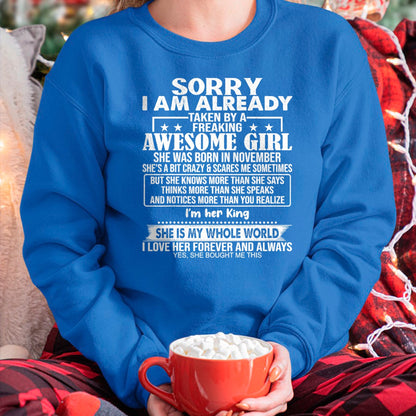 Best Wife Shirt, Wife and Husband Unisex T-Shirt/Hoodie/Sweatshirt HLT00 - Sorry I Am Already Taken By A Freaking Awesome Girl NOVEMBER T-Shirt