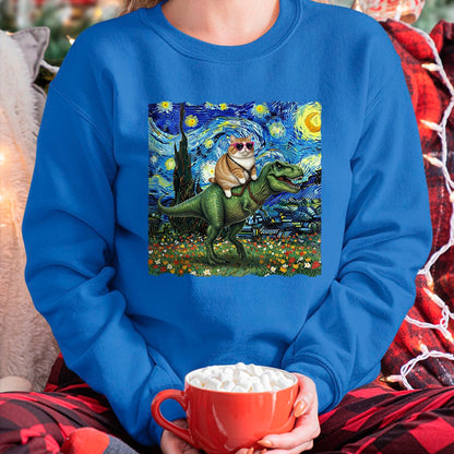 Cat Love Shirt, Funny Cat Lover Gift UnisexT-Shirt/Hoodie/Sweatshirt HLT00 - Cat Riding Dinosaur T-Rex Starry Night Van Gogh Cat Lover T-Shirt