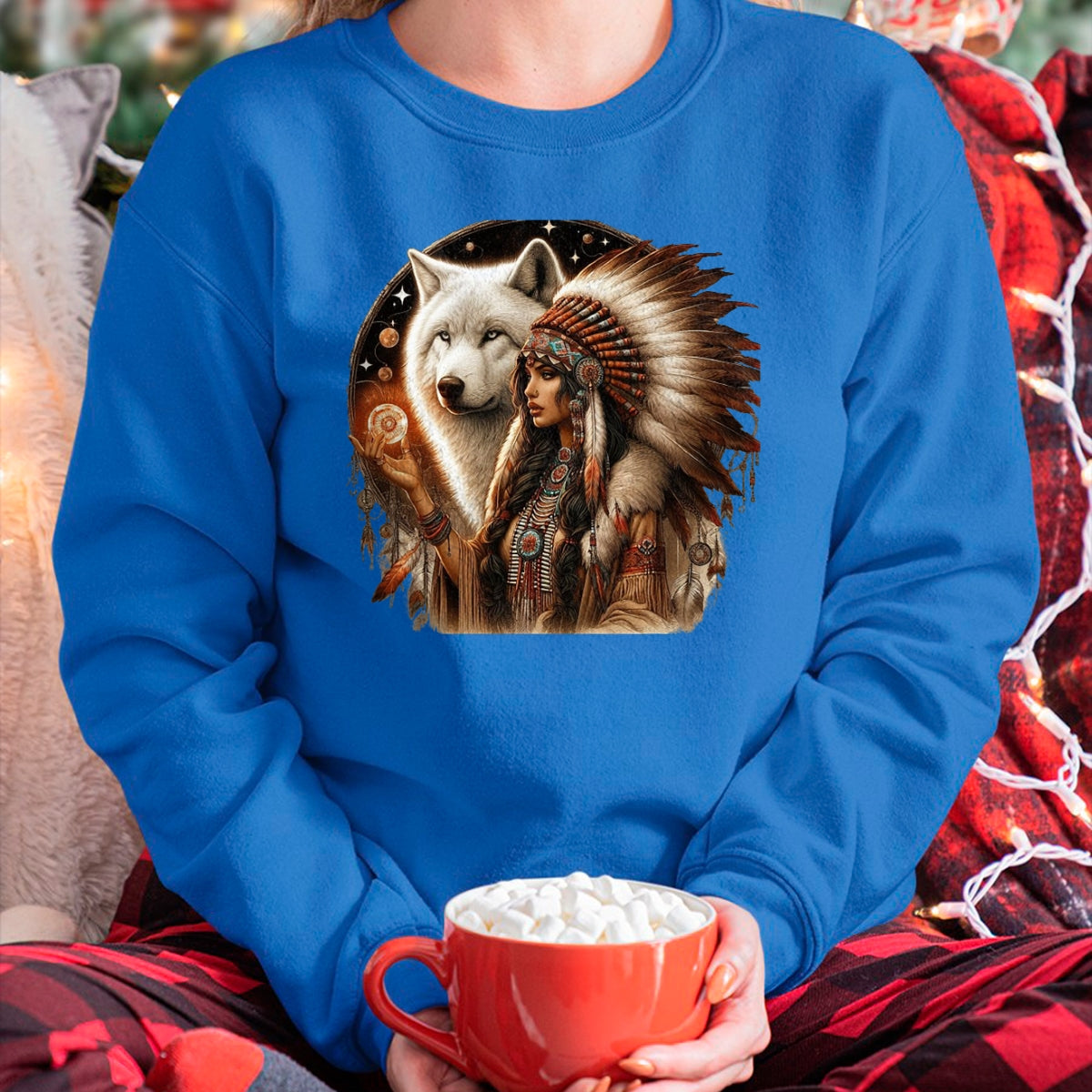 Native American T-Shirts, Vintage Native American Unisex T-Shirt/Hoodie/Sweatshirt HLT00 - Indian Native American Woman With White Wolf Vitage Gifts T-Shirt