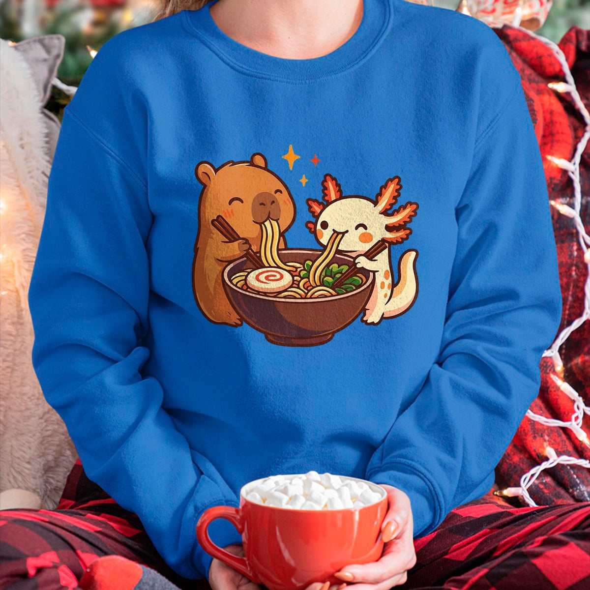 Cute Capybara Shirt, Funny Capybara Unisex T-Shirt/Hoodie/Sweatshirt HLT00 - Capybara with Axolotl Eats Noodles Ramen Kawaii T-Shirt, Men, Black, 3X-Large