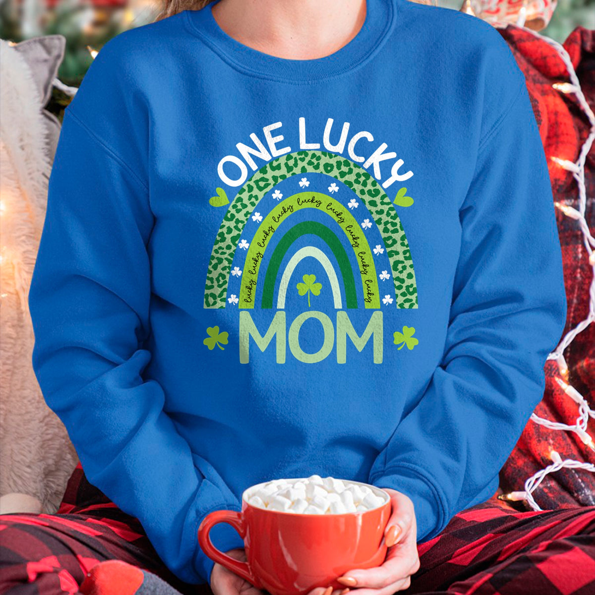 Gift for Mom Shirt, Funny Mom Unisex T-Shirt/Hoodie/Sweatshirt HLT00 - One Lucky Mom Leopard Rainbow St Patricks Day Clover Long Sleeve T-Shirt