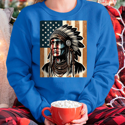 Native American T-Shirts, Vintage Native American Unisex T-Shirt/Hoodie/Sweatshirt HLT00 - Native American Indian Vintage Chief American USA Flag Retro T-Shirt (1)