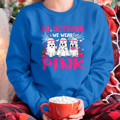 Funny Nurse Shirt, Nurse Unisex T-Shirt/Hoodie/Sweatshirt HLT00 - In October We Wear Pink Nurse Ghost Halloween Breast Cancer T-Shirt