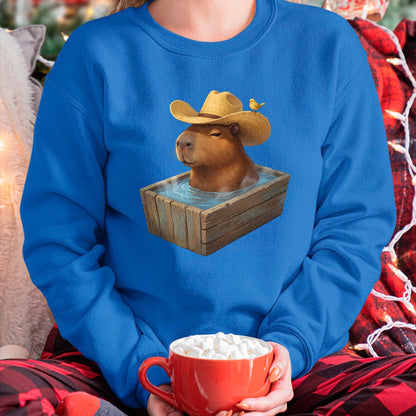 Cute Capybara Shirt, Funny Capybara Unisex T-Shirt/Hoodie/Sweatshirt HLT00 - Cute Capybara Wearing Cowboy Hat in Bathtub Funny Western T-Shirt