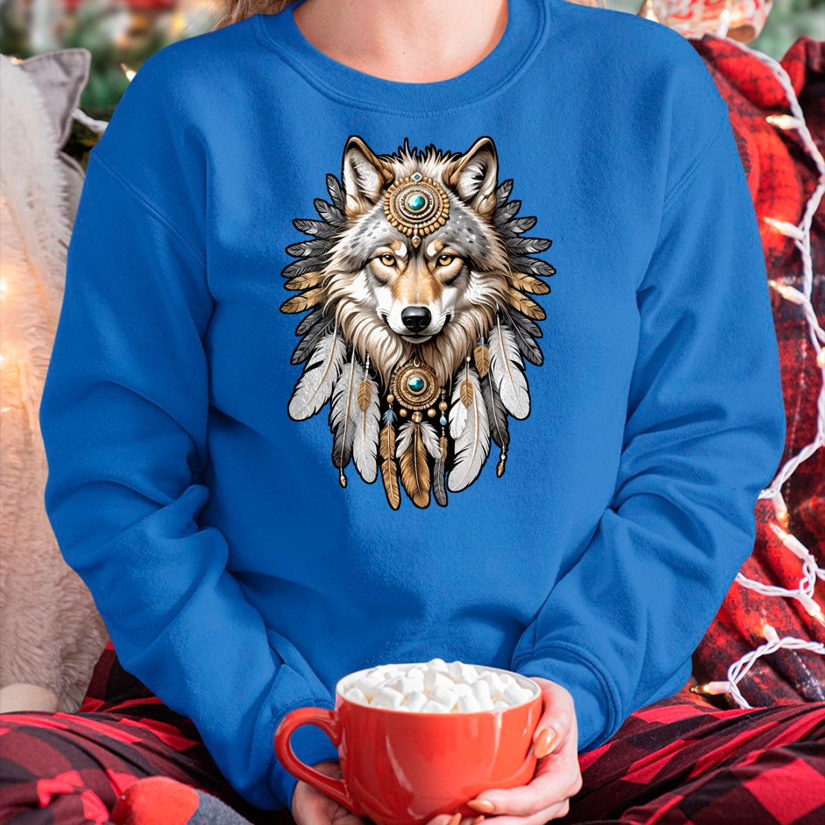 Native American T-Shirts, Vintage Native American Unisex T-Shirt/Hoodie/Sweatshirt HLT00 - Native American Wolf Feather Headdress Hunter Men Women T-Shirt (1)