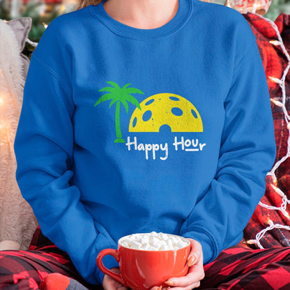 Funny Pickleball Shirt, Pickleball Lover Unisex T-Shirt/Hoodie/Sweatshirt HLT00 - Pickle Ball Happy Hour Palm Tree Pickleball Men Women Kids T-Shirt